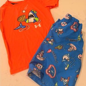 Under Armour Orange Tee with Blue Shark Print Swim Shorts
